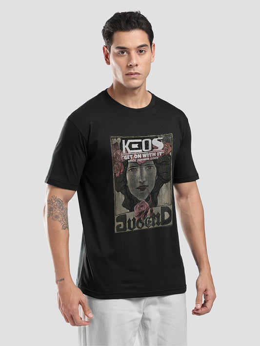 Black cotton graphic t-shirt for men and women by Keos