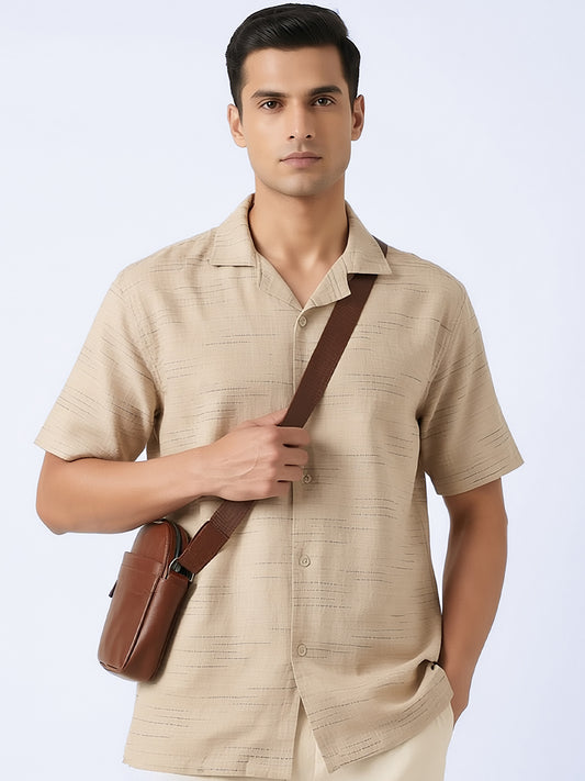 Beige Oversized Linen Blended Shirt Revere Collar