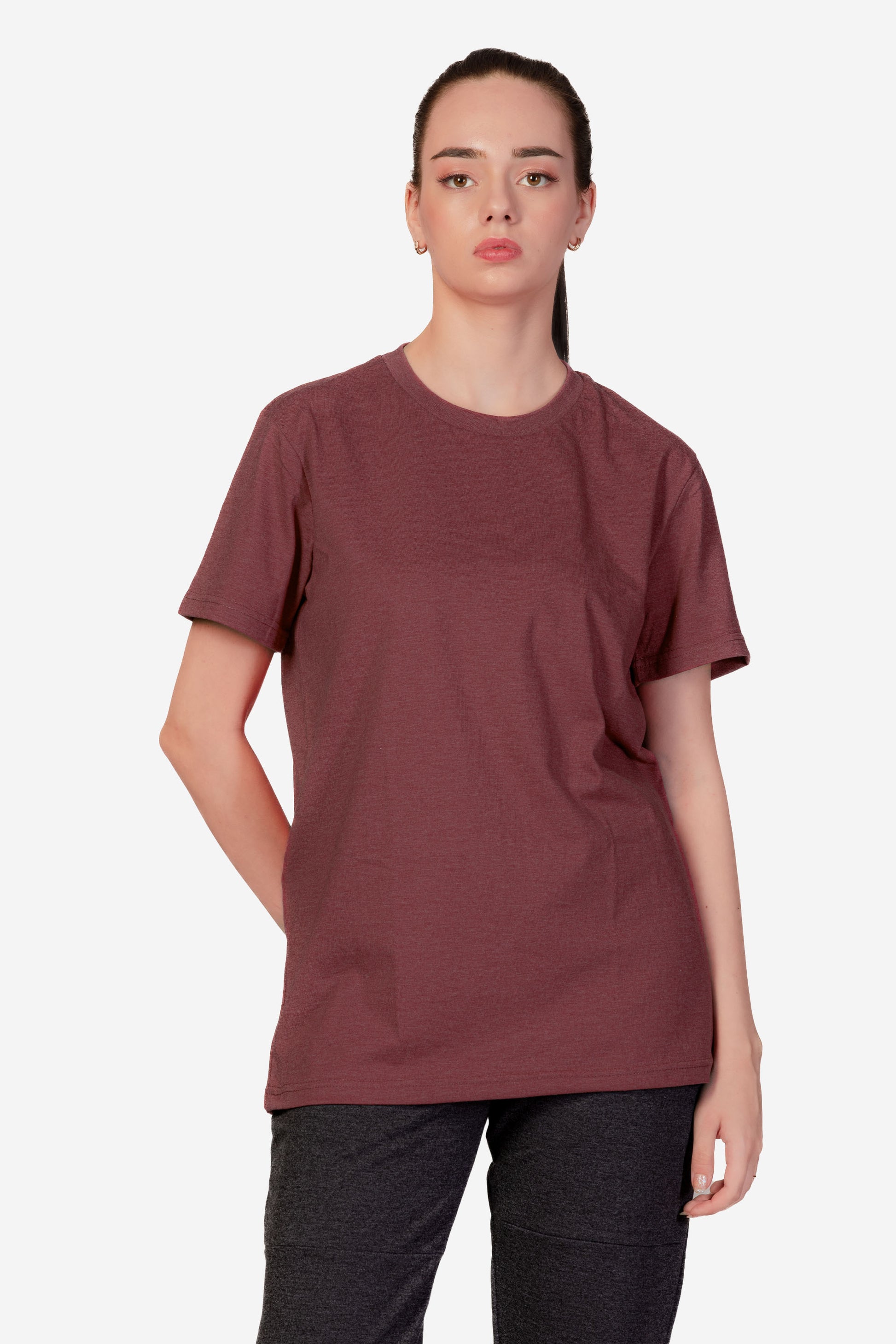Basic Melange Cotton T-shirt - Maroon - keos.life