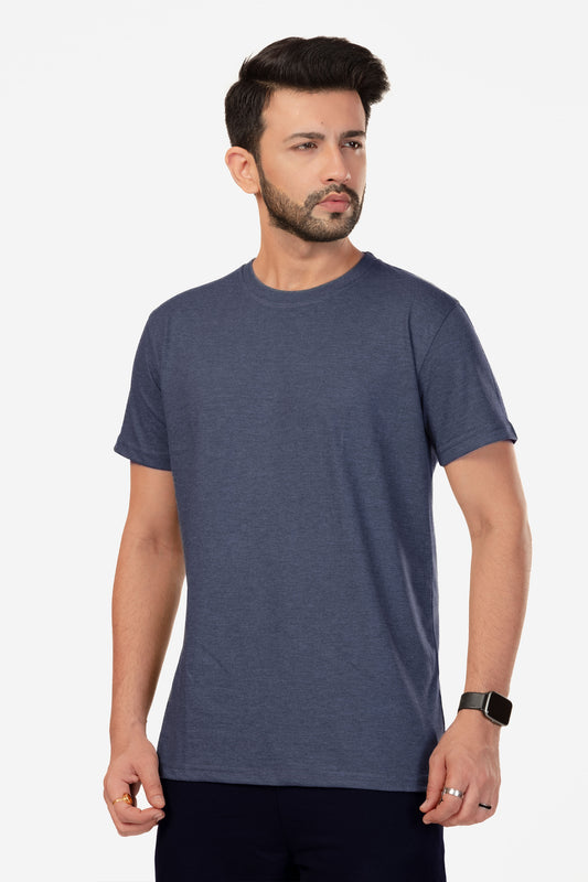 Basic Melange Cotton T-shirt - Navy