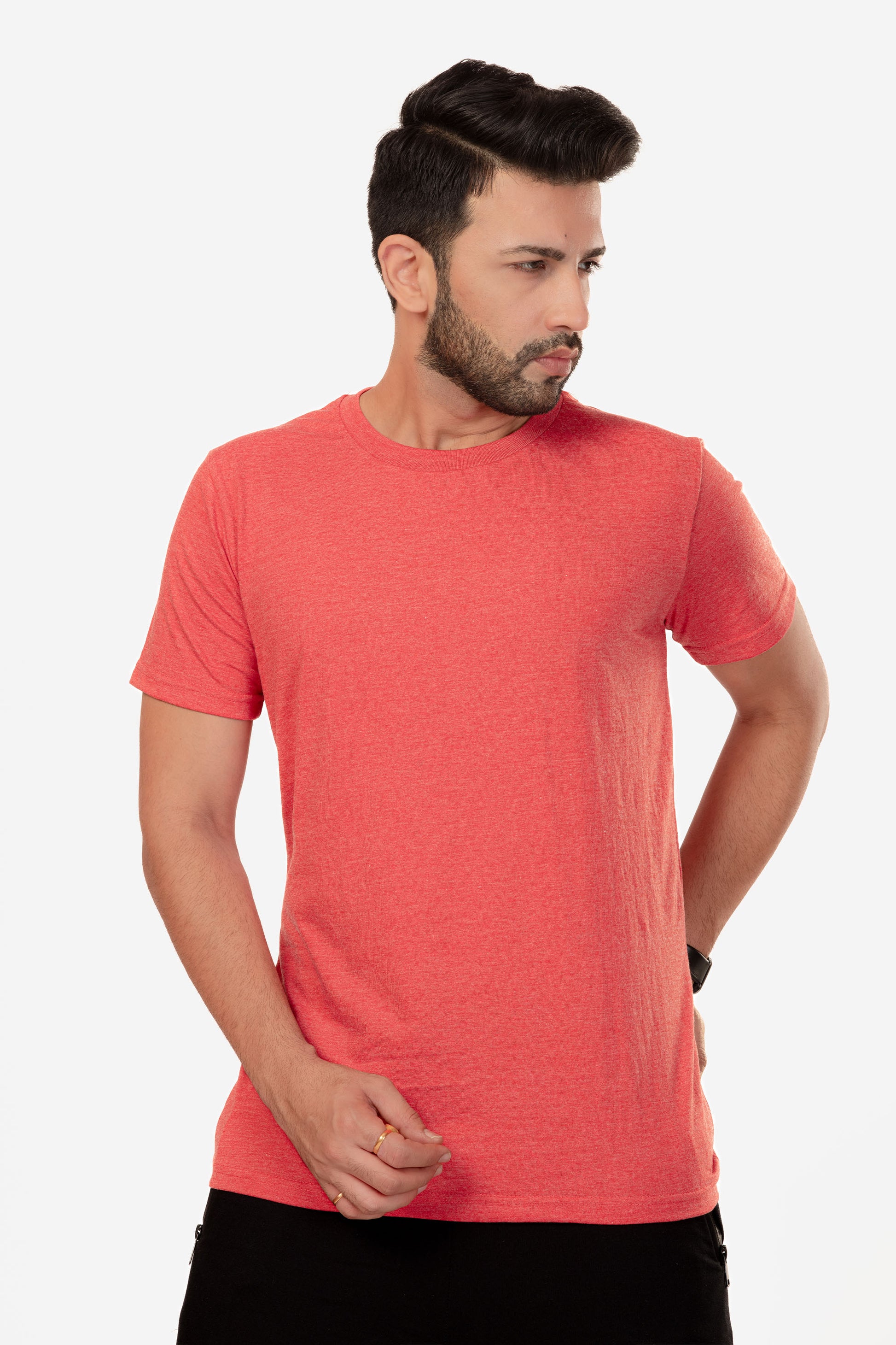 Basic Melange Cotton T-shirt - Salmon - keos.life