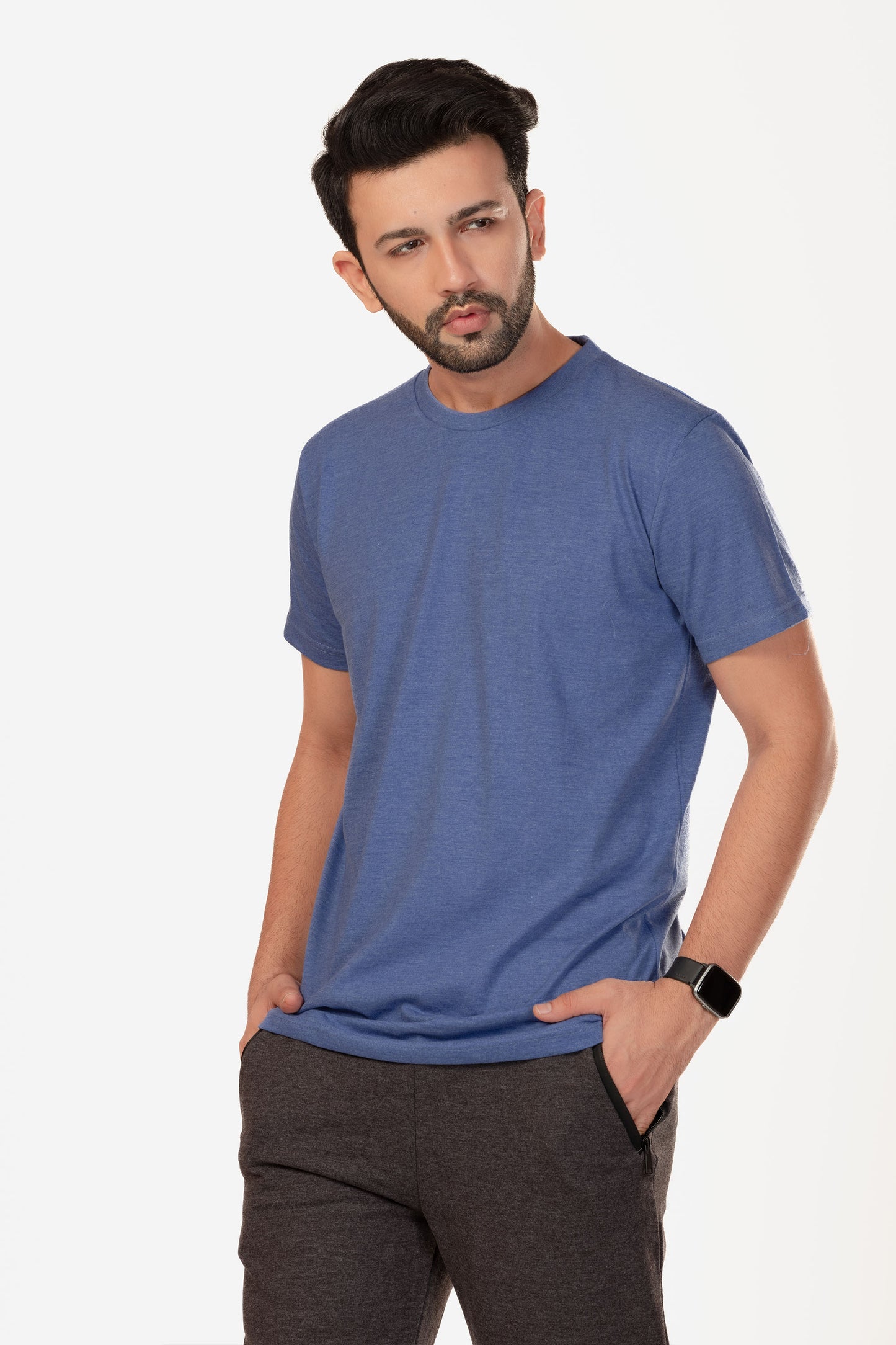 Basic Melange Cotton T-shirt - Sky