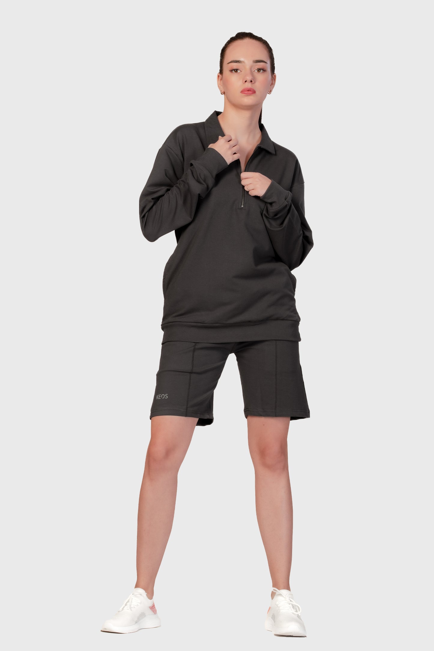 Zipper Sweatshirt Co-ord Set - Dark Grey - keos.life