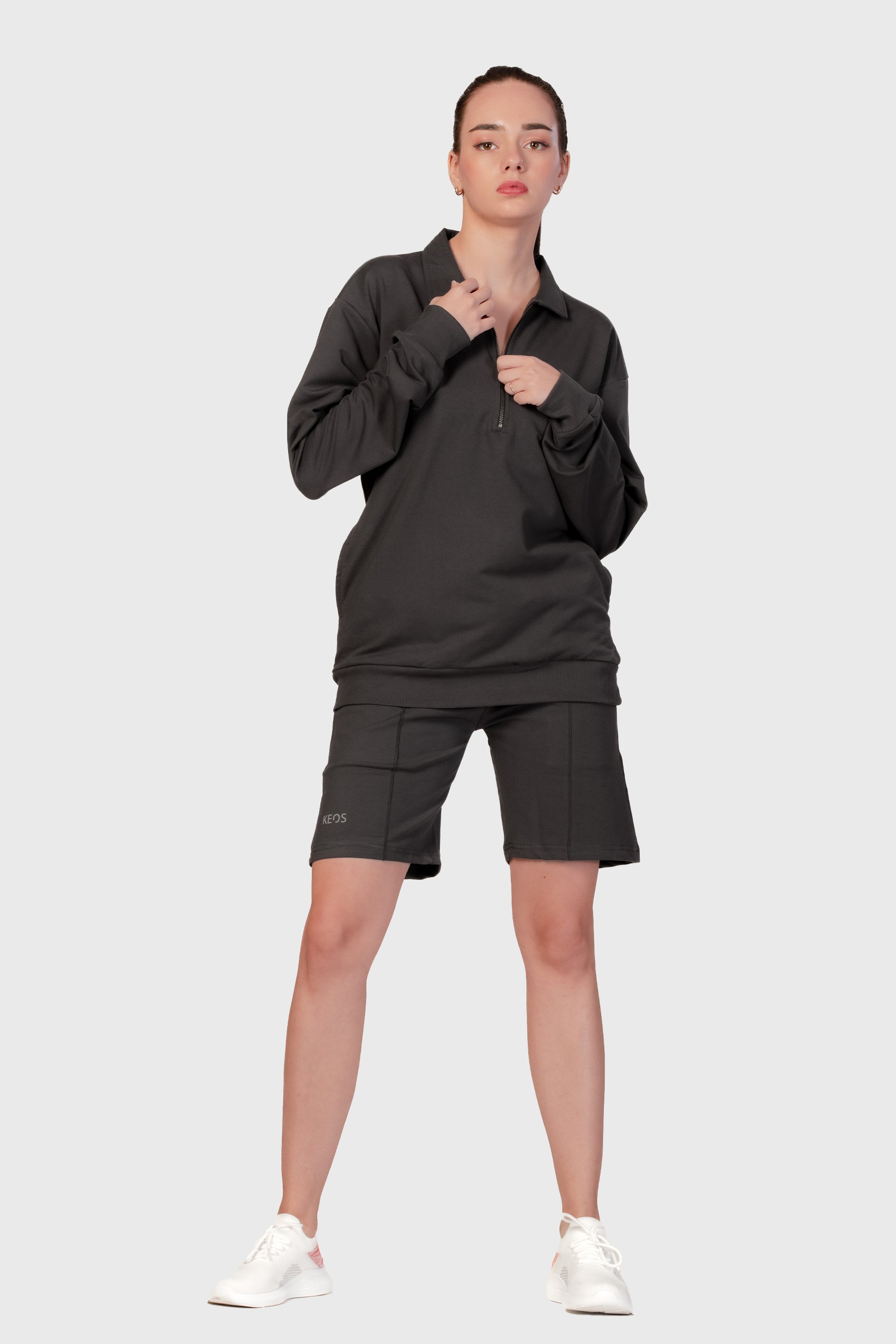 Zipper Sweatshirt Co-ord Set - Dark Grey - keos.life