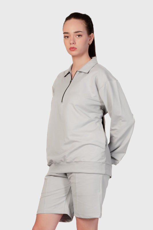 Zipper Sweatshirt Co-ord Set - Light Grey - keos.life