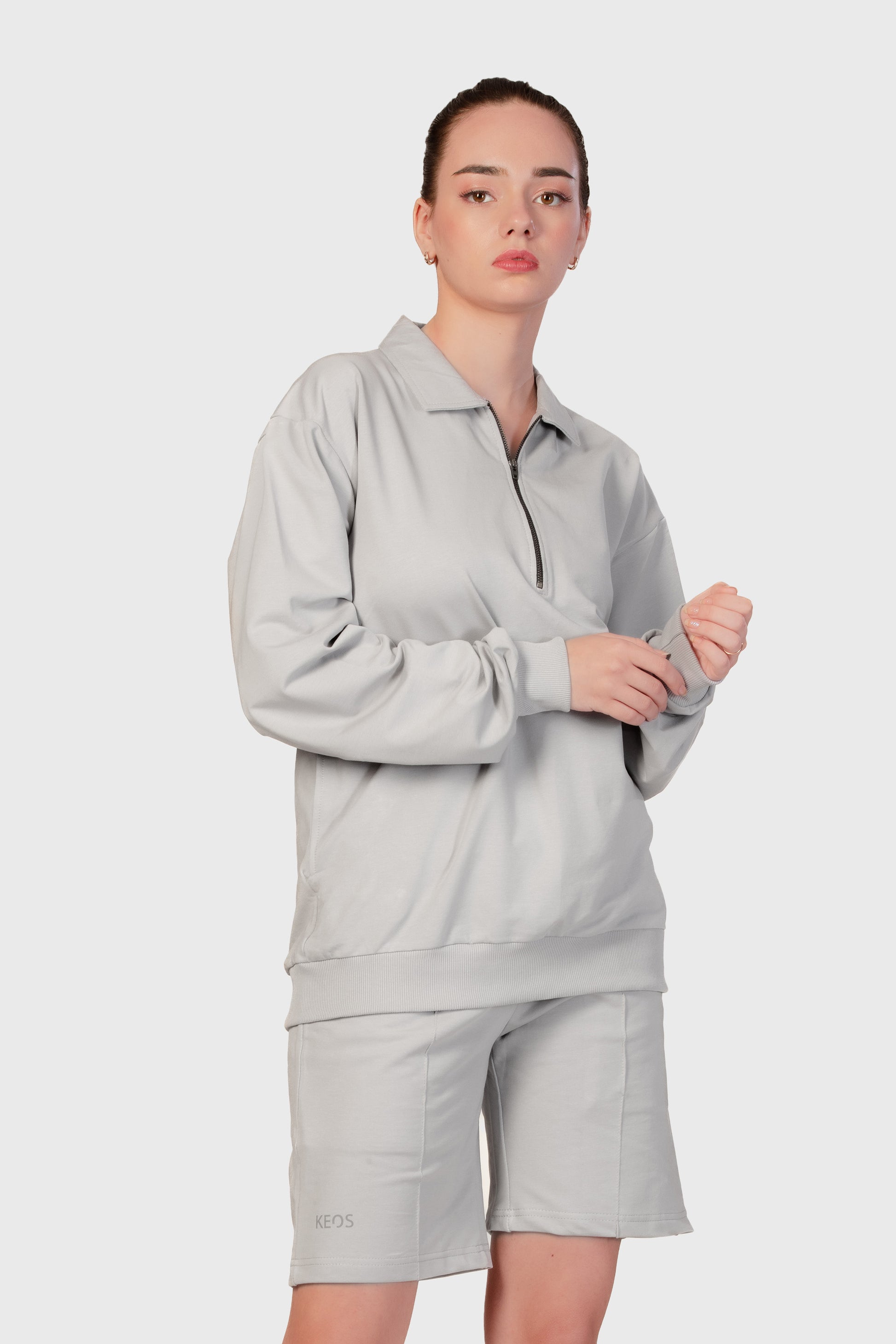 Zipper Sweatshirt Co-ord Set - Light Grey - keos.life