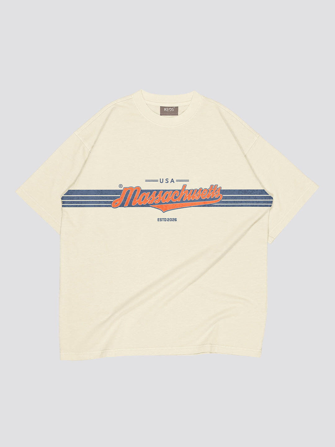 Beige t-shirt with 'Massachusetts' text on a light gray background