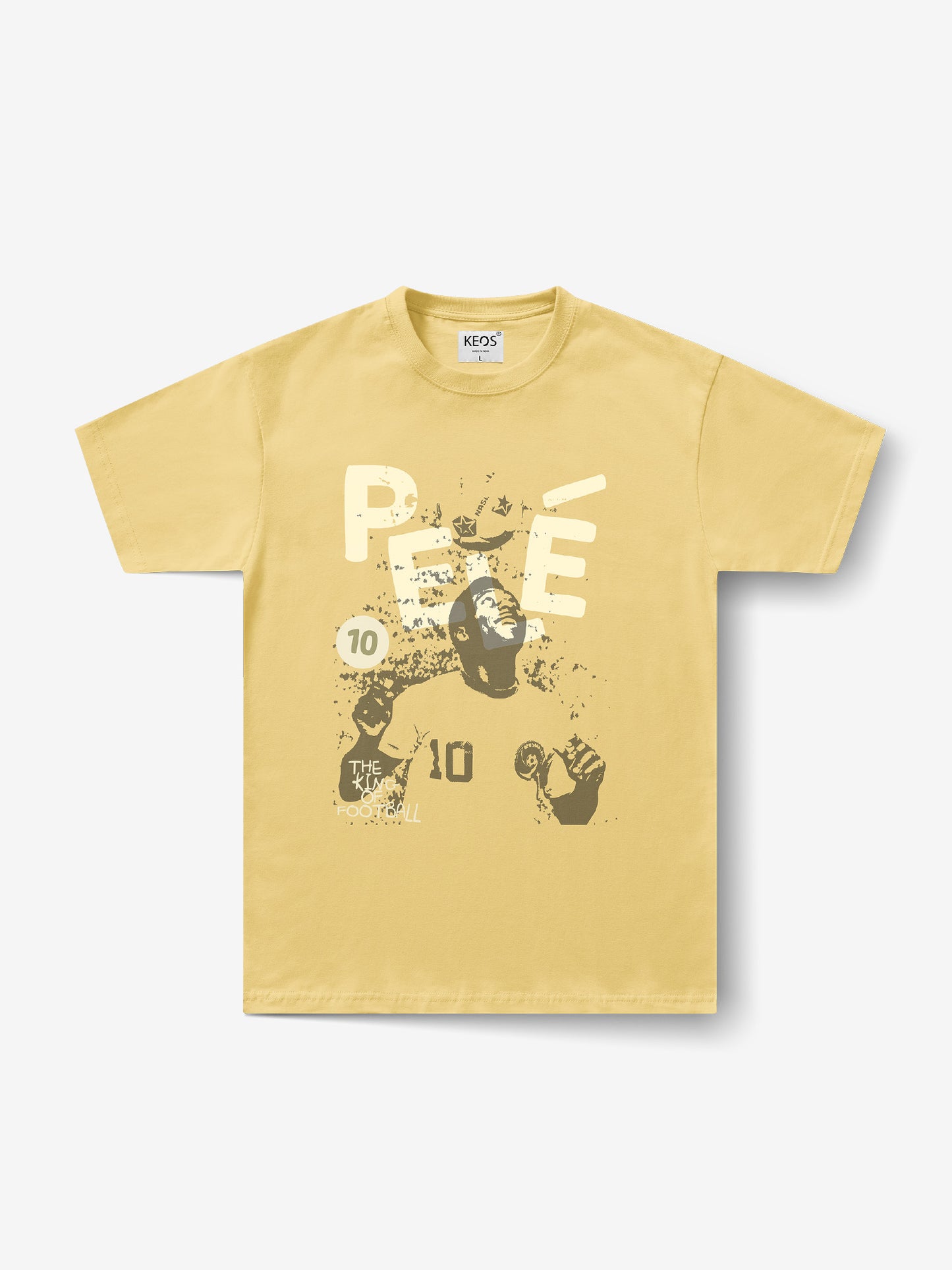 A yellow butter colour t-shirt with a graphic of PELÈ the footballer in it