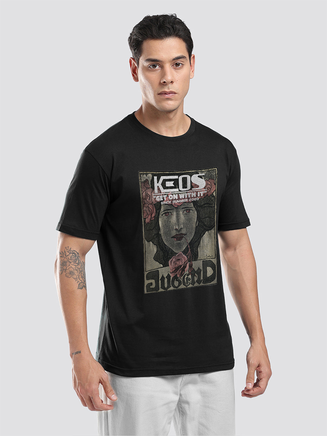 Black cotton graphic t-shirt for men and women by Keos