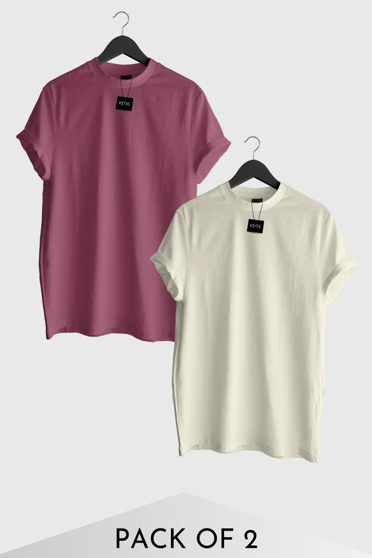 Basic Essentials T-shirts - Deep Lilac & Off-White - Pack of 2 - keos.life