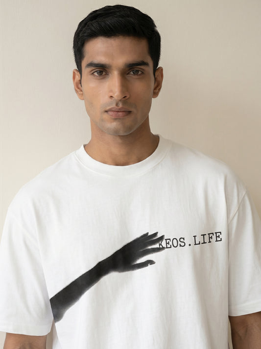 Bold white cotton graphic t-shirt for men and women by Keos