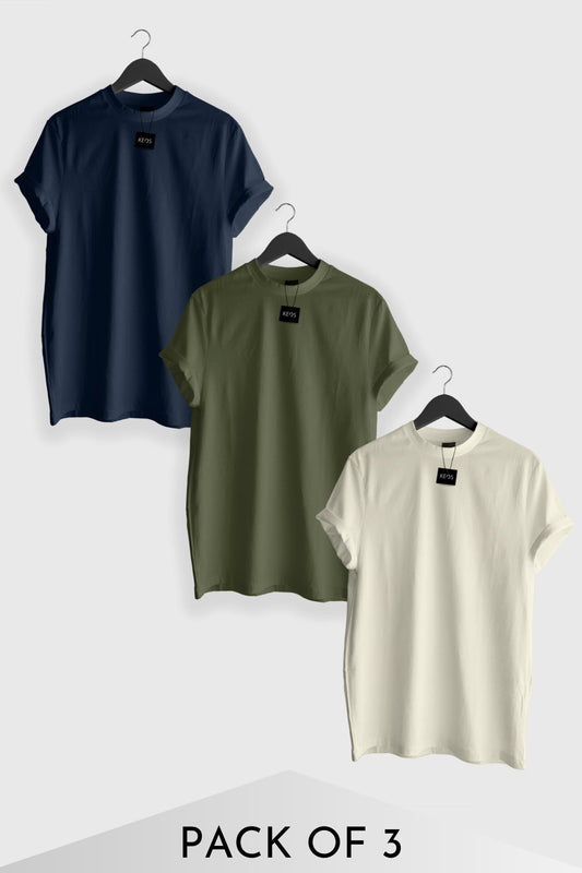 Basic Essentials T-shirts - Navy, Olive & Off-White - Pack of 3 - keos.life