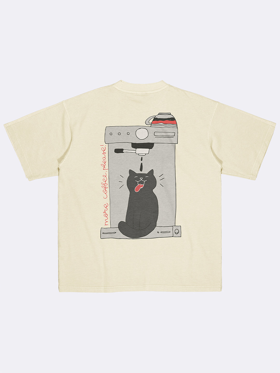 Beige t-shirt with a graphic of a cat and coffee machine on a white background