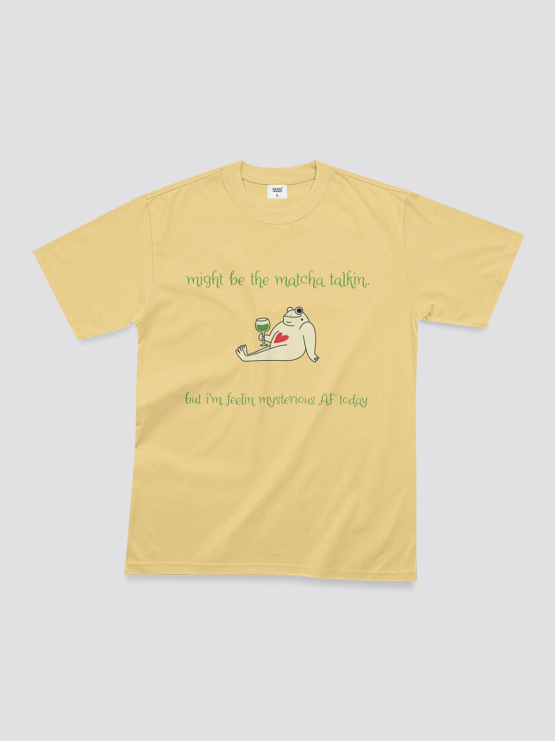 Yellow t-shirt with a graphic and text on a light gray background
