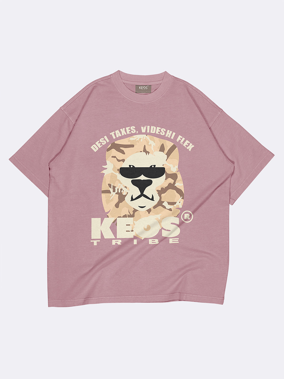 Pink t-shirt with a lion graphic and text on a white background