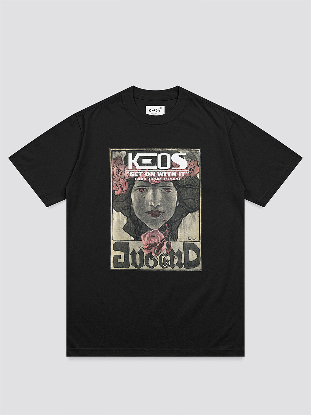 Black cotton graphic t-shirt for men and women by Keos