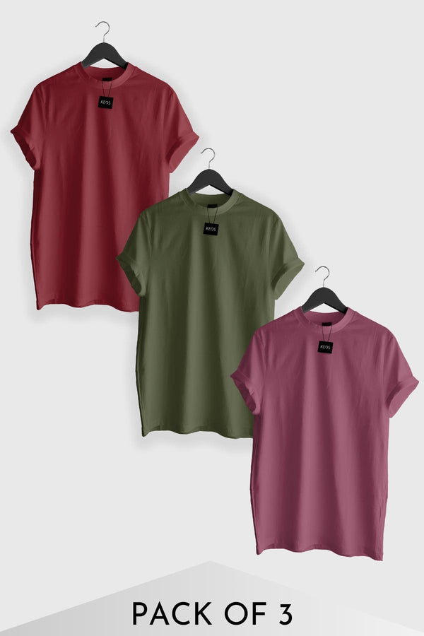 Basic Essentials T-shirts - Berry, Olive & Deep Lilac - Pack of 3 - keos.life