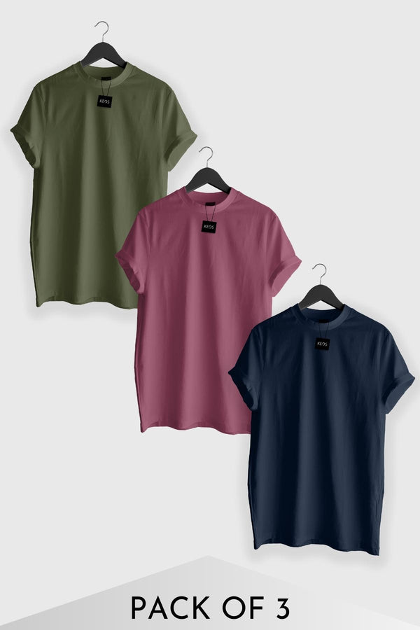 Basic Essentials T-shirts - Olive, Deep Lilac & Navy - Pack of 3 - keos.life
