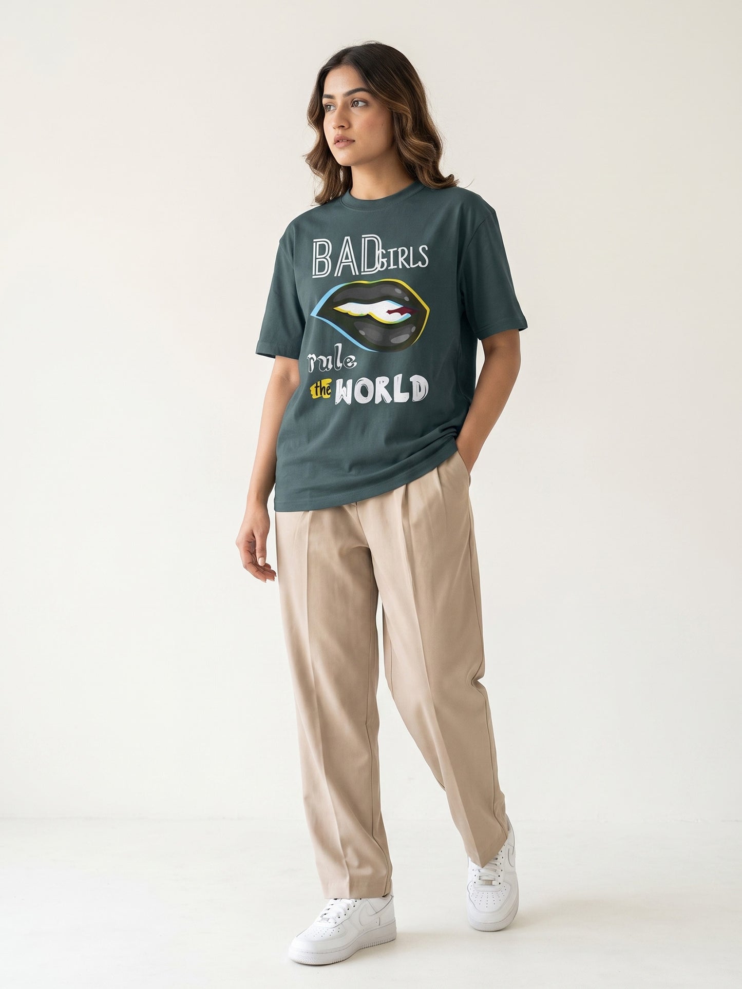 Unisex Green Cotton T-Shirt – “BAD GIRLS RULE THE WORLD” | Regular Fit