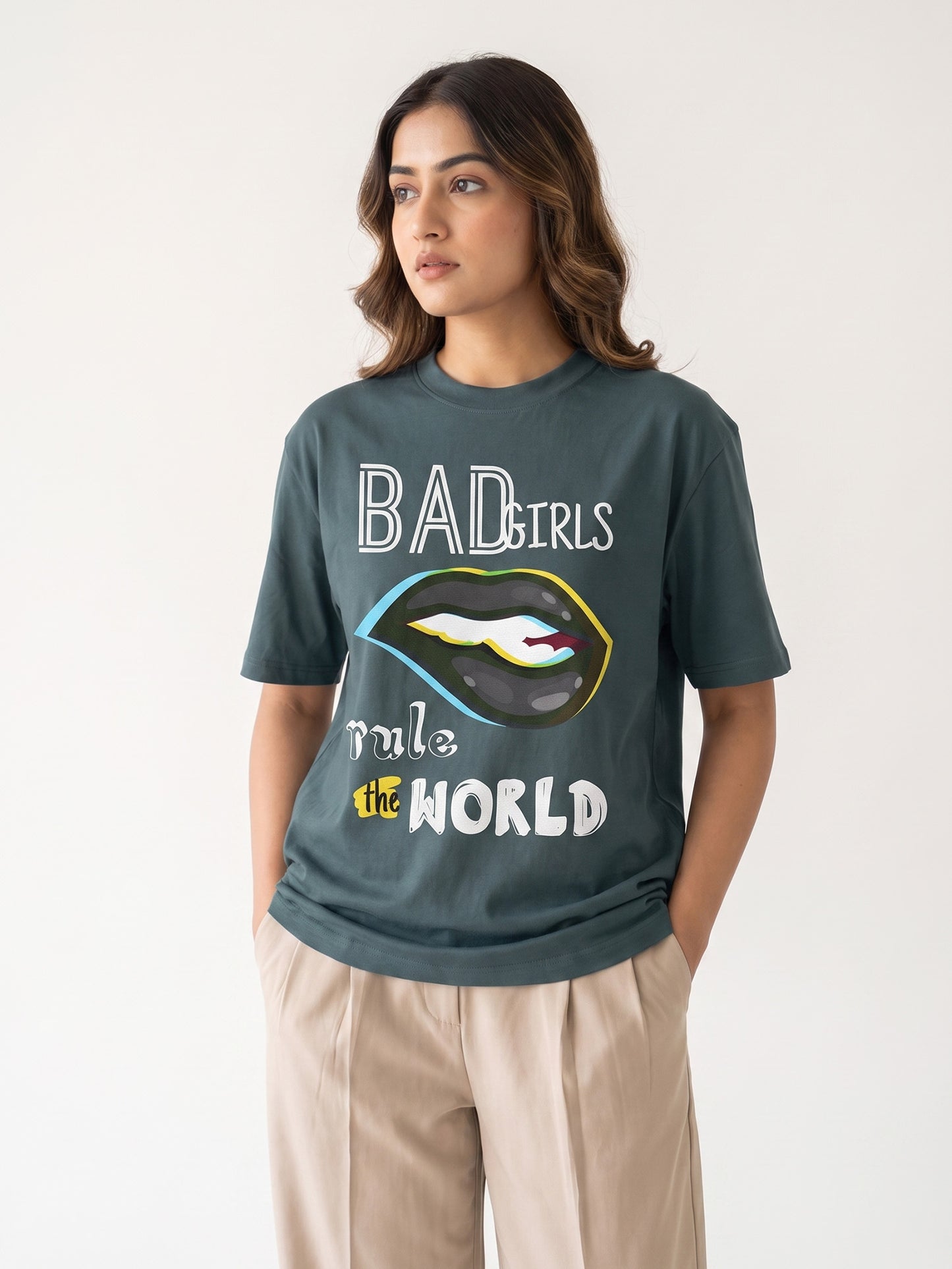 Unisex Green Cotton T-Shirt – “BAD GIRLS RULE THE WORLD” | Regular Fit