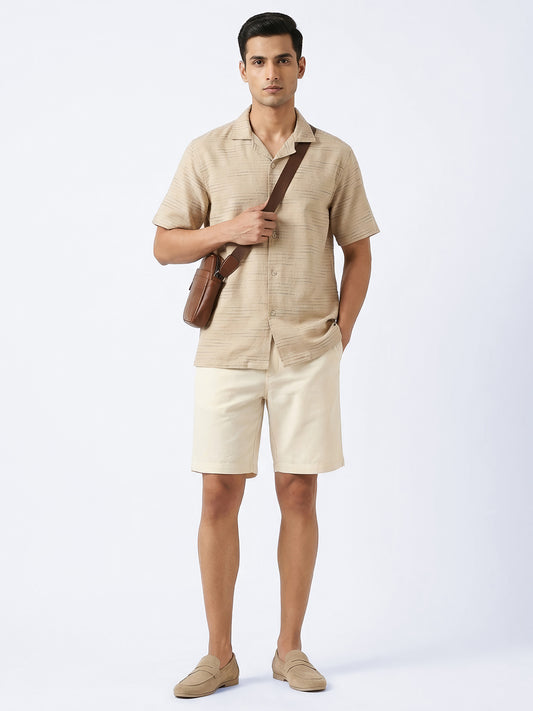 Beige Oversized Linen Blended Shirt Revere Collar