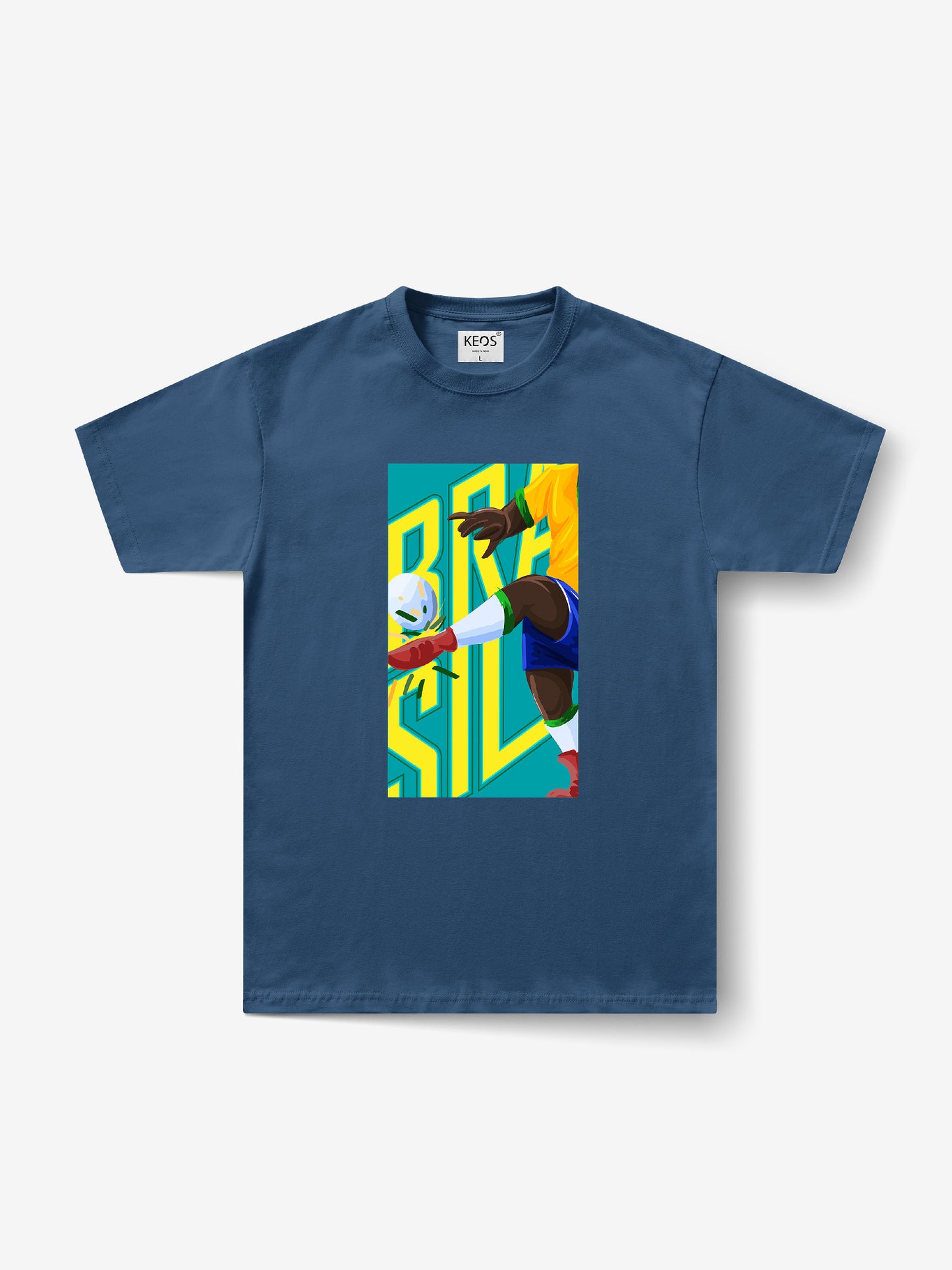 Blue t-shirt with Brasil written with a football print on it