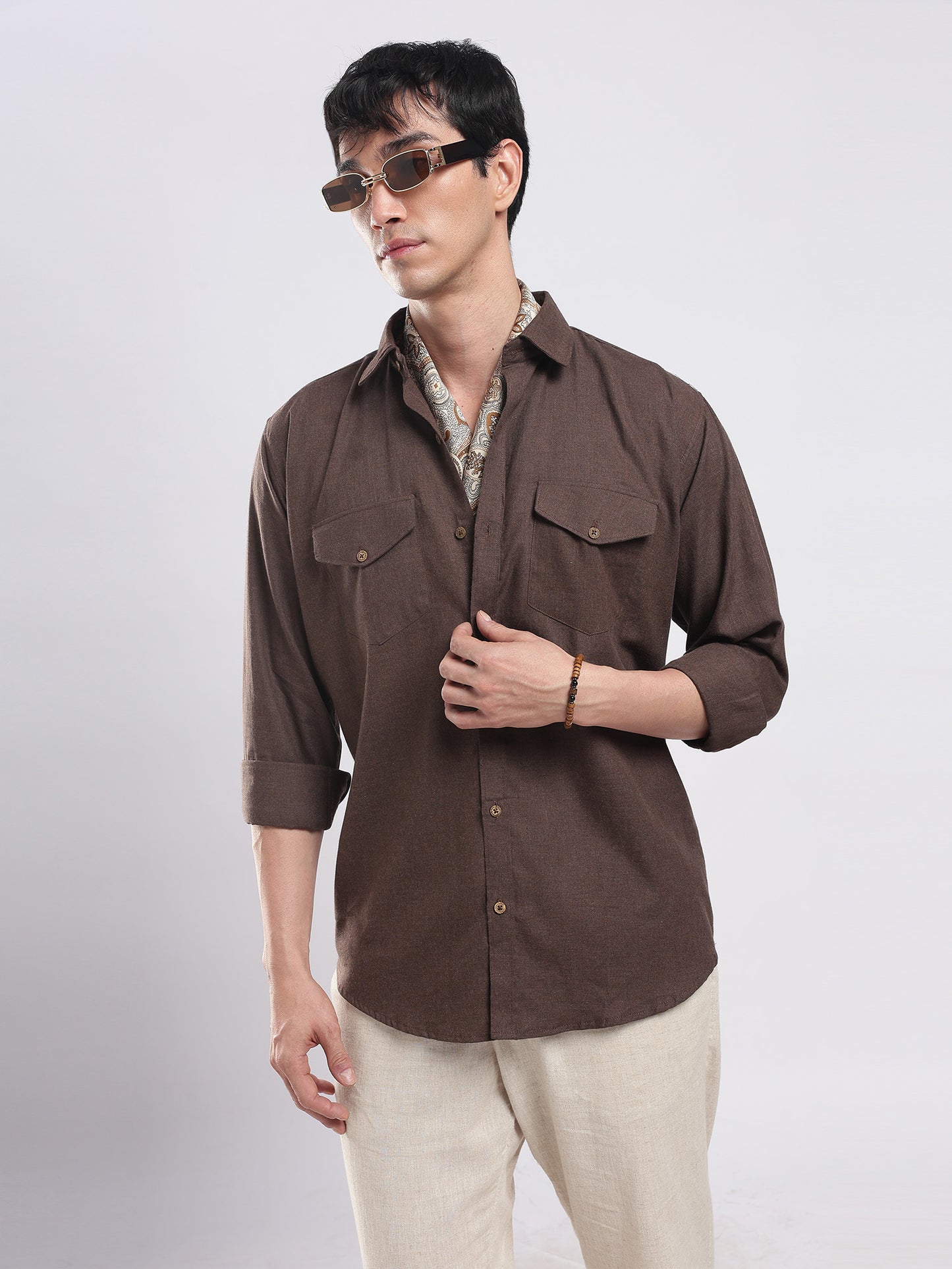 Cocoa Brown Utility Men's Cotton Melange Shirt