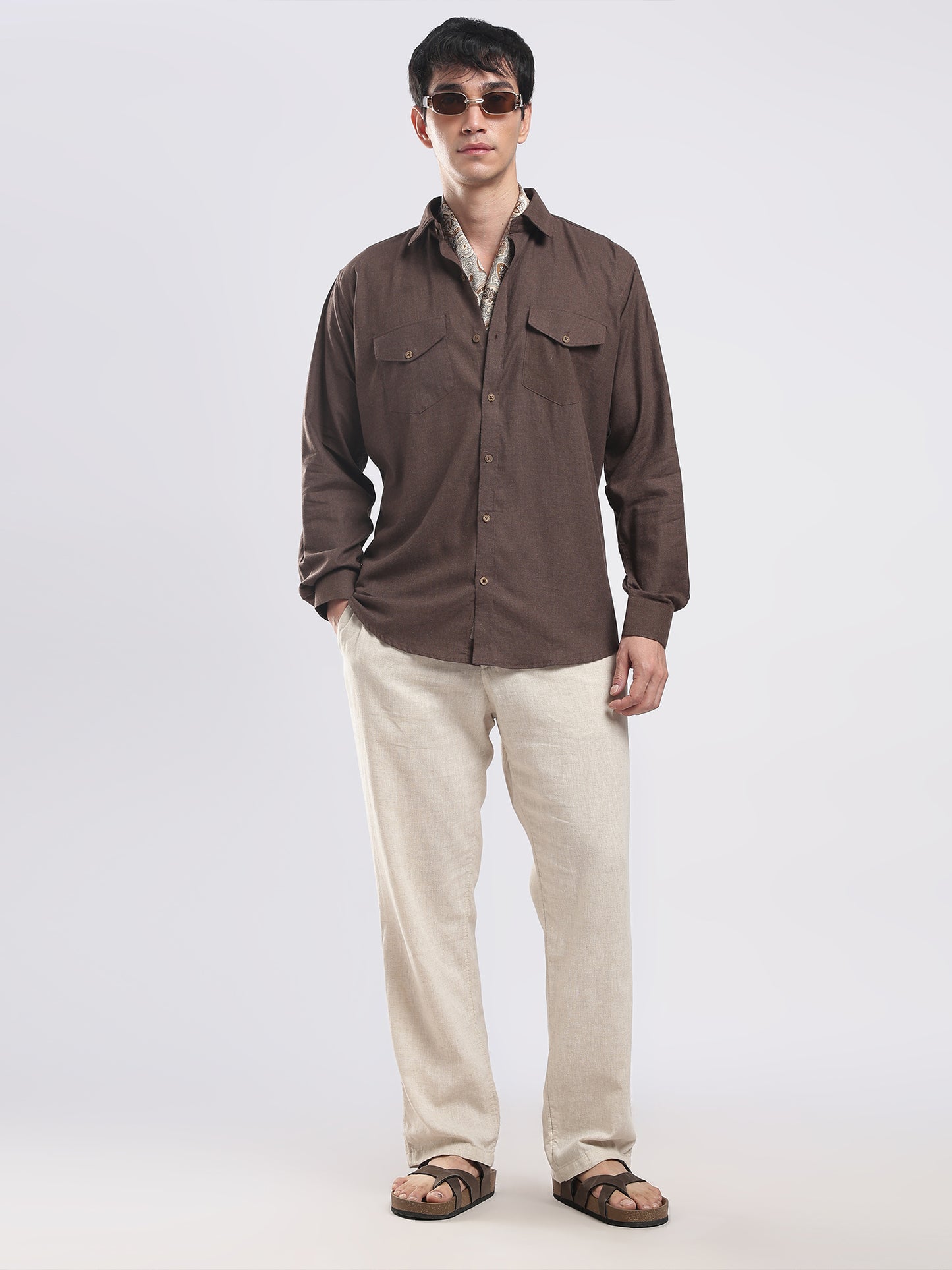 Cocoa Brown Utility Men's Cotton Melange Shirt