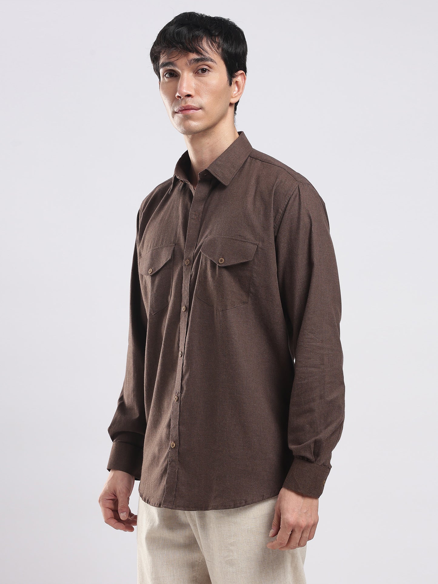Cocoa Brown Utility Men's Cotton Melange Shirt