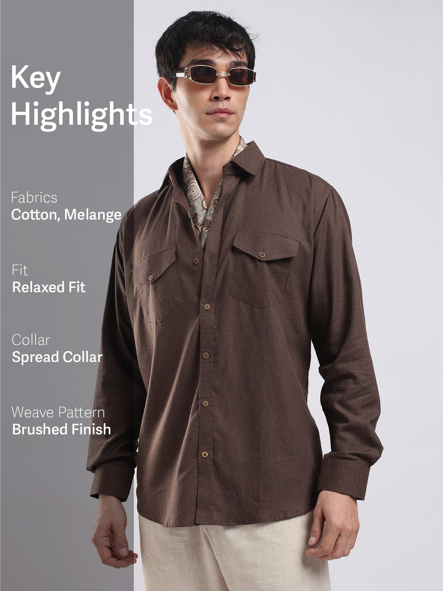 Cocoa Brown Utility Men's Cotton Melange Shirt