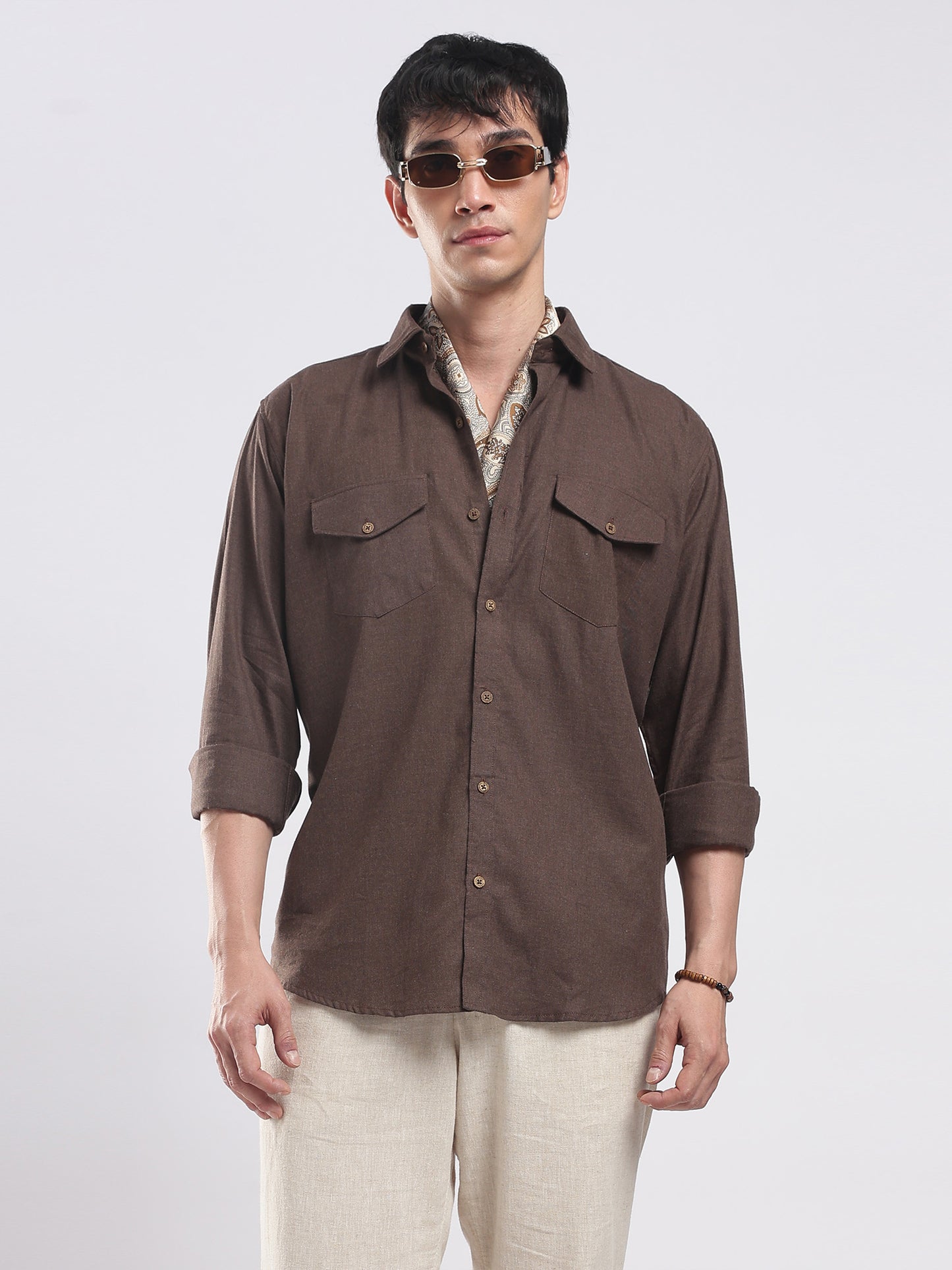 Cocoa Brown Utility Men's Cotton Melange Shirt