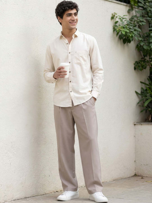 Cream Mercerised Blended Casual Shirt