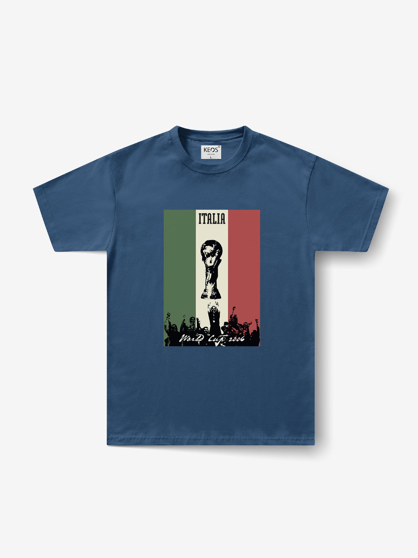 Blue t-shirt with a graphic design on a white background