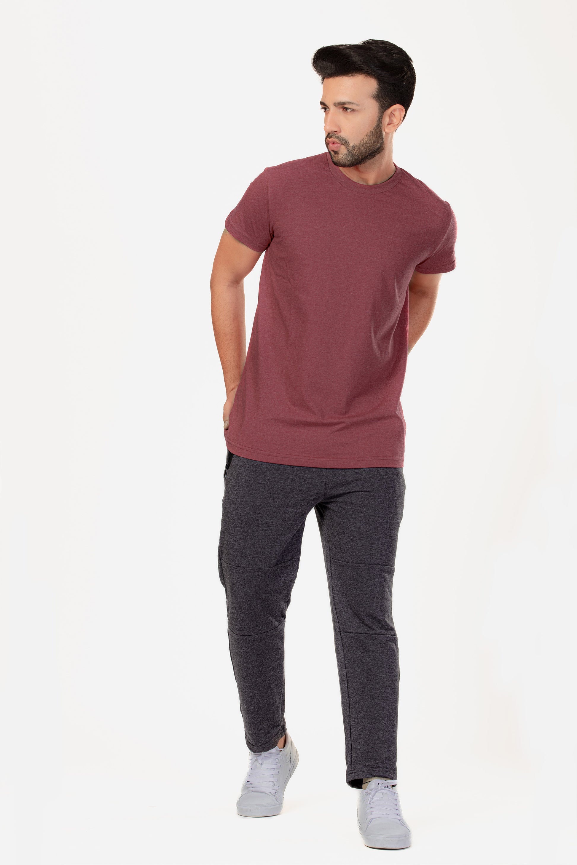 Basic Melange Cotton T-shirt - Maroon - keos.life