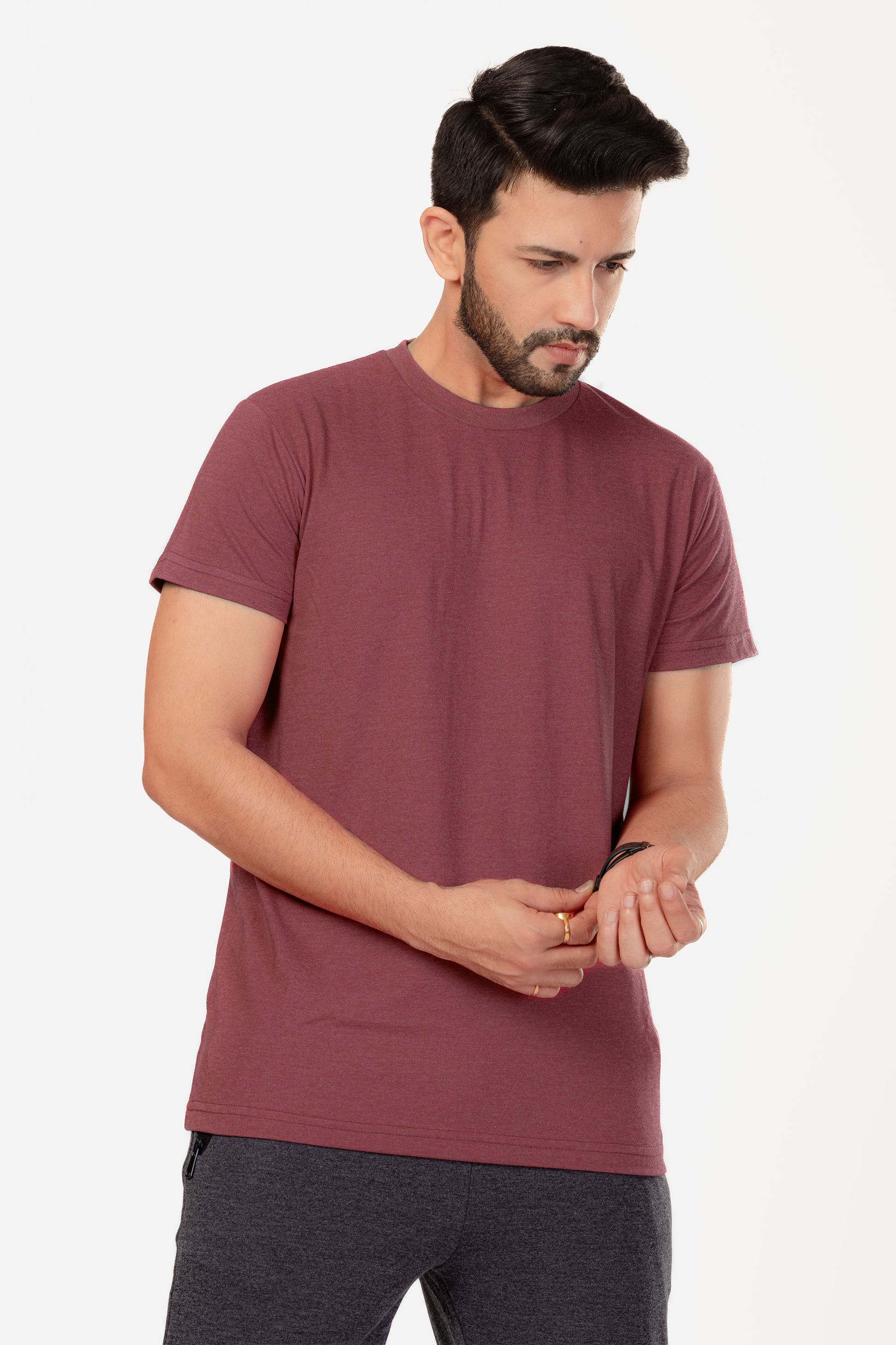 Basic Melange Cotton T-shirt - Maroon - keos.life