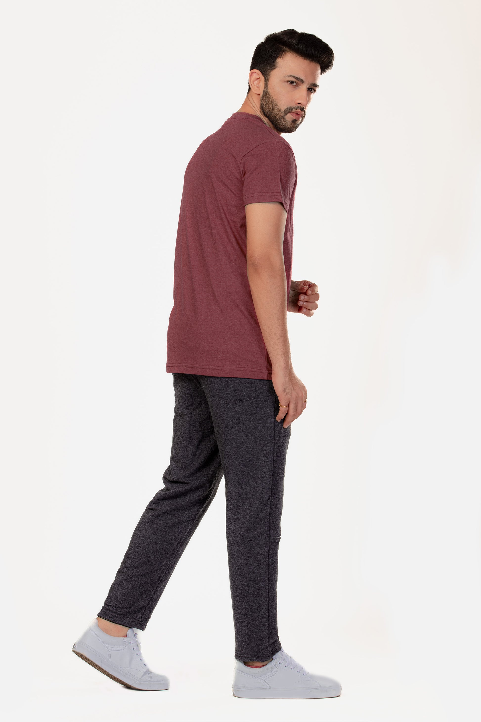 Basic Melange Cotton T-shirt - Maroon - keos.life