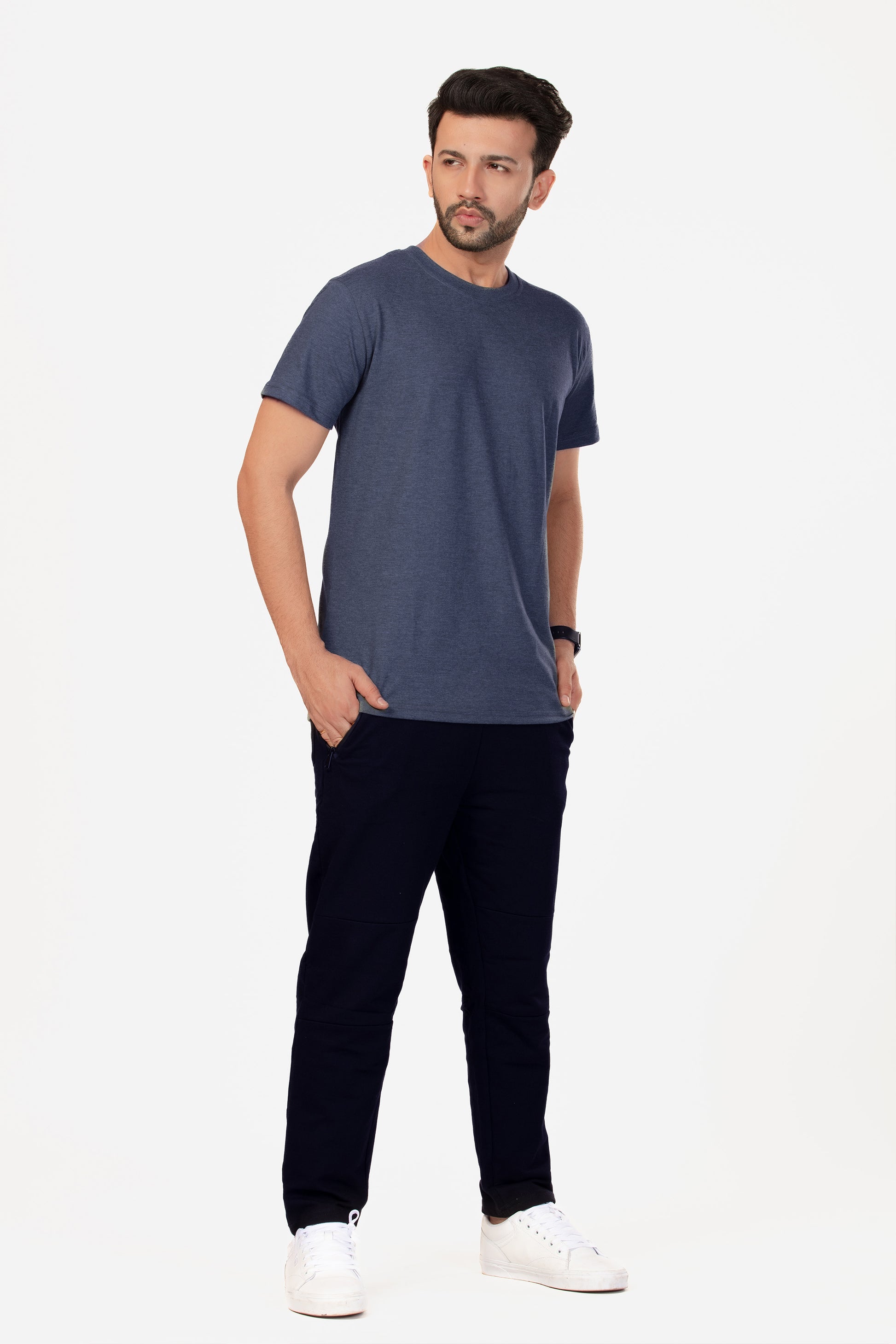 Basic Melange Cotton T-shirt - Navy - keos.life