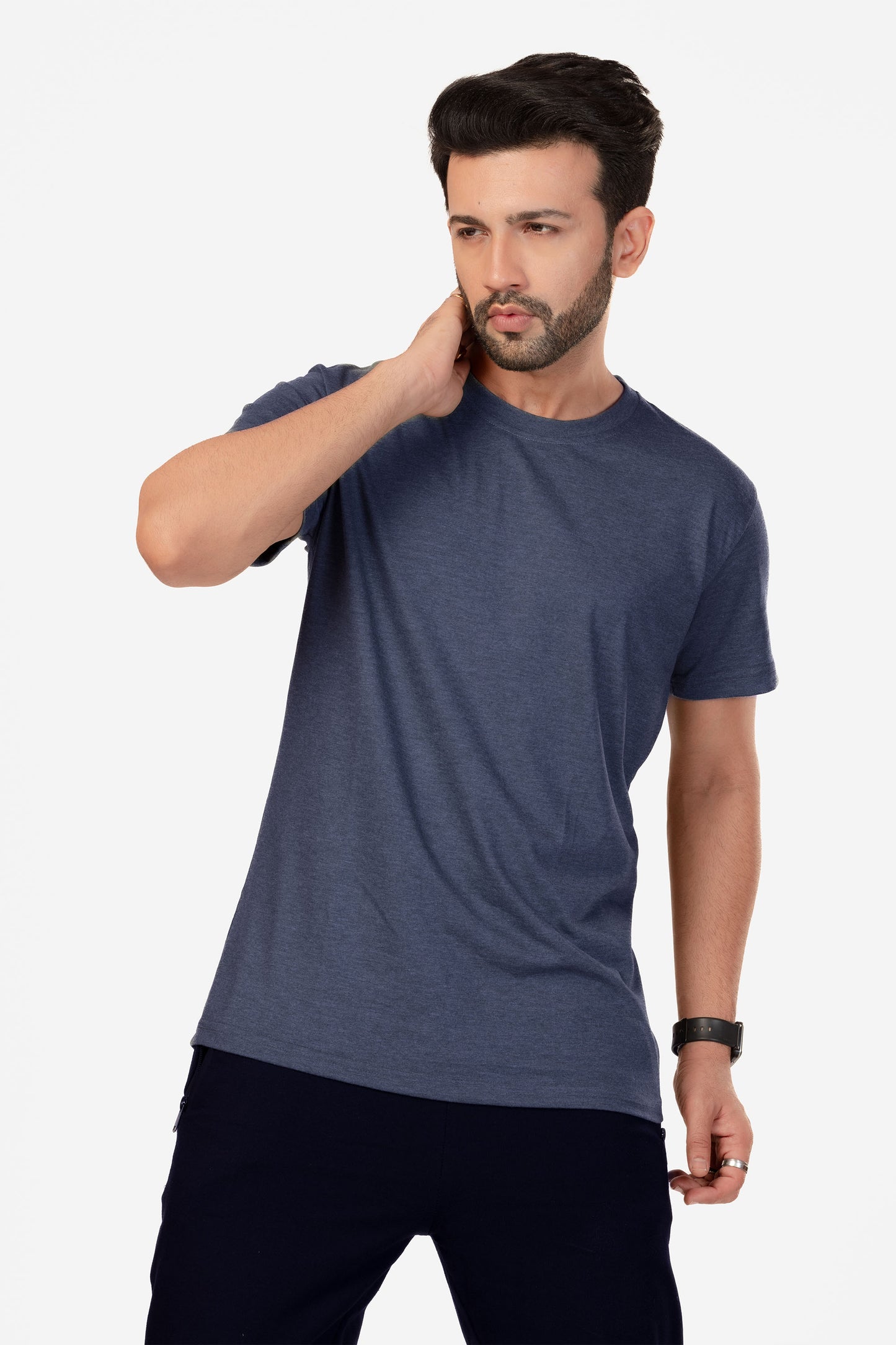 Basic Melange Cotton T-shirt - Navy - keos.life