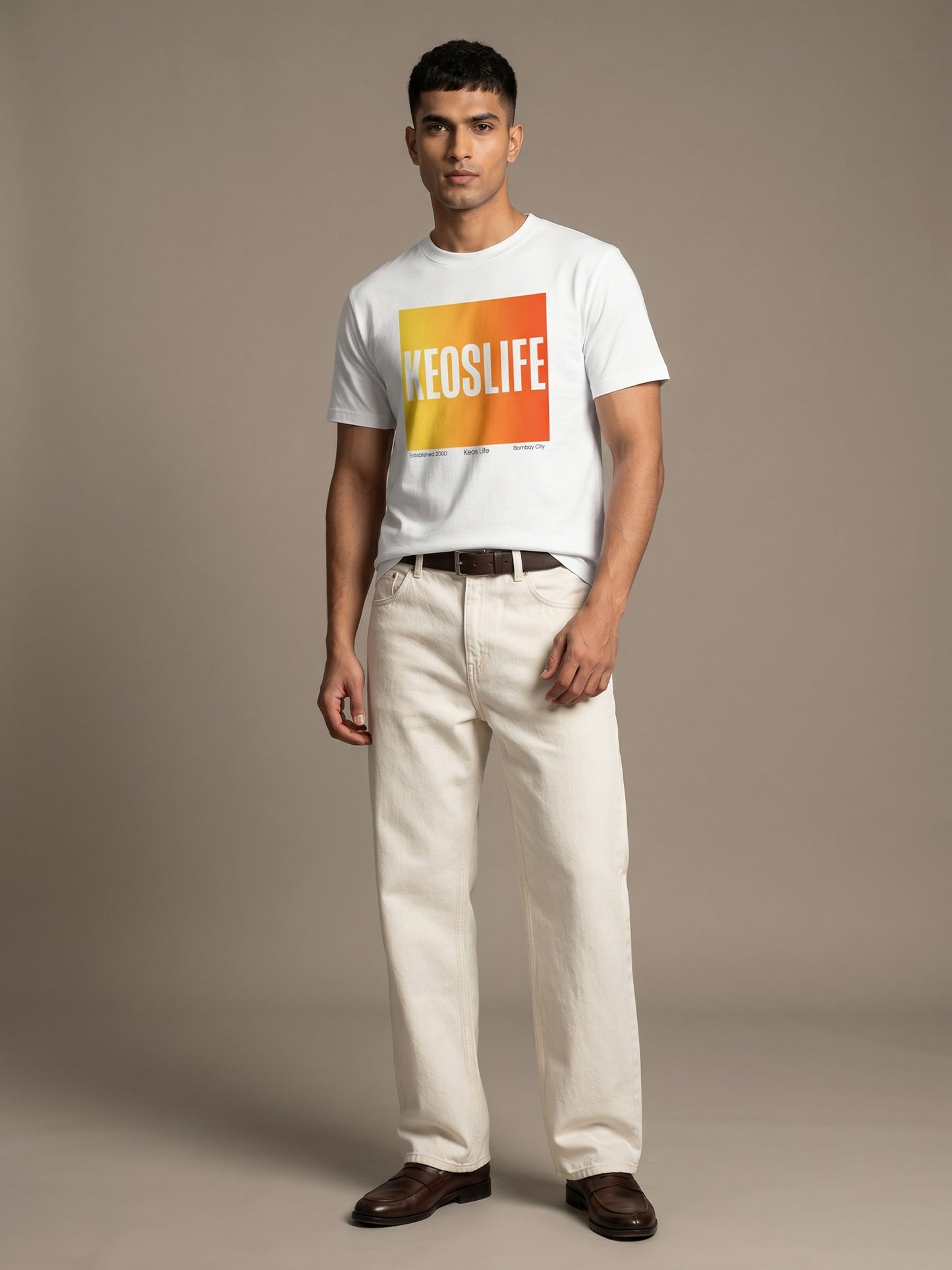 Keos Pride Month special white cotton graphic t-shirt for men, featuring bold KEOSLIFE gradient block print with off-white denim styling.