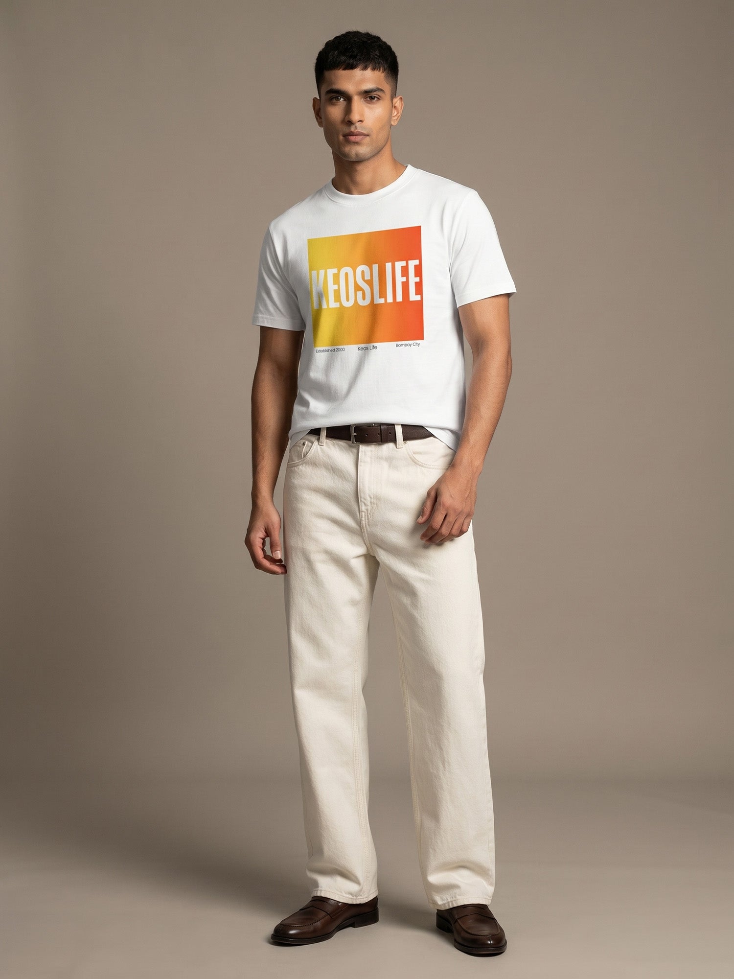 Keos Pride Month special white cotton graphic t-shirt for men, featuring bold KEOSLIFE gradient block print with off-white denim styling.