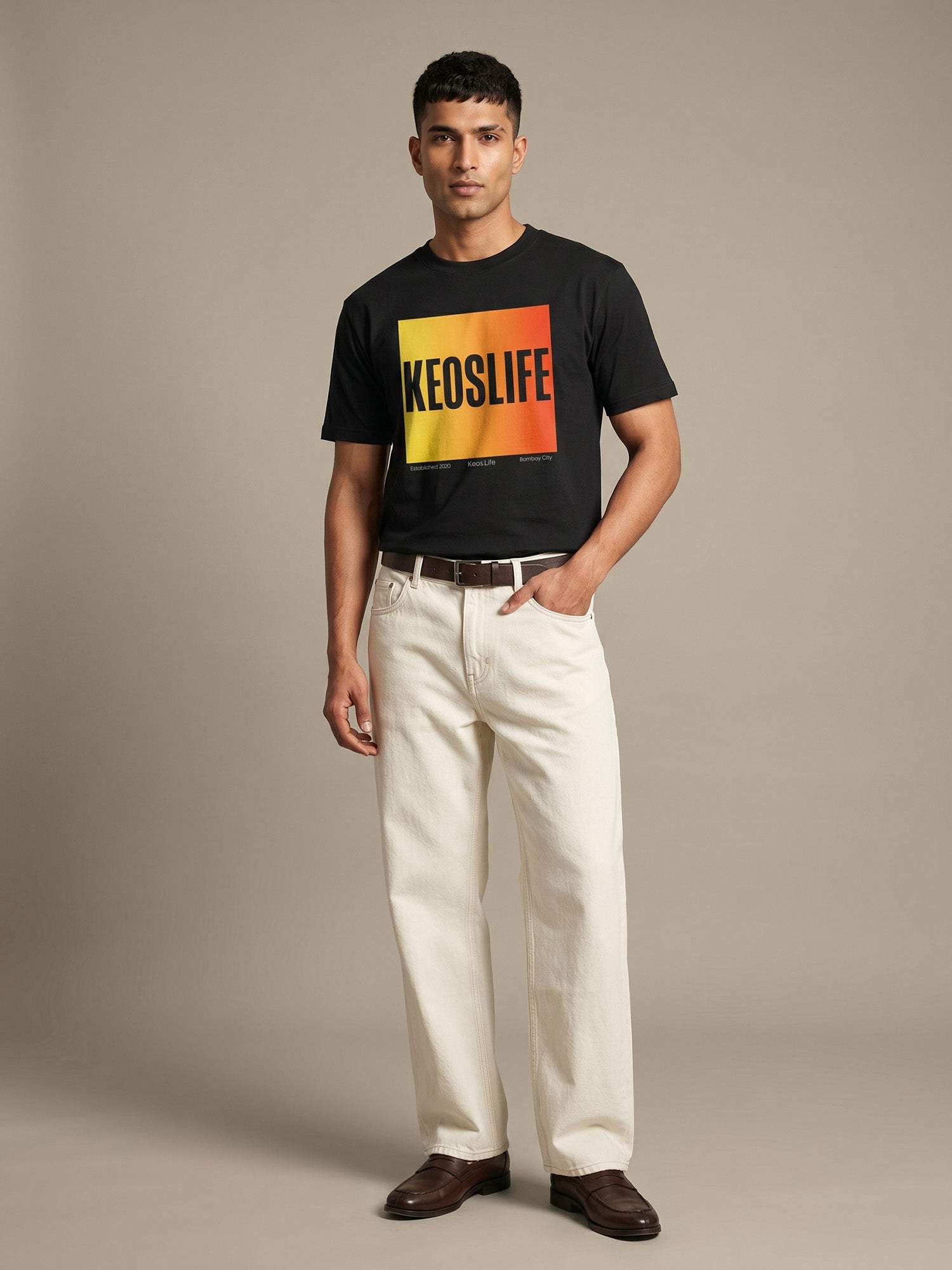 Keos Pride Month special black cotton graphic t-shirt for men, featuring bold KEOSLIFE gradient block print with cream denim styling.