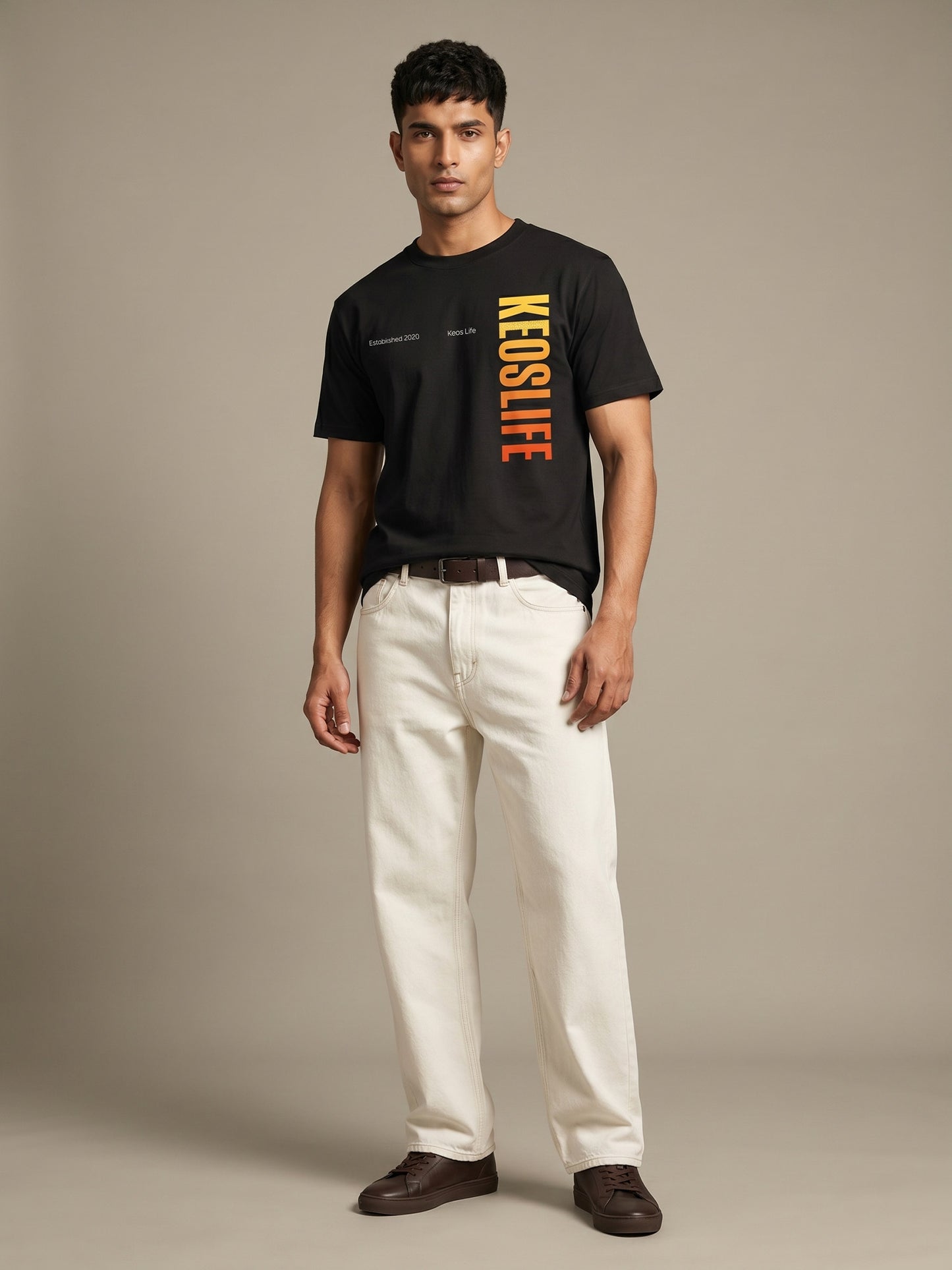 Keos Pride Month special black cotton graphic t-shirt for men, featuring vertical KEOSLIFE gradient print with cream denim styling.