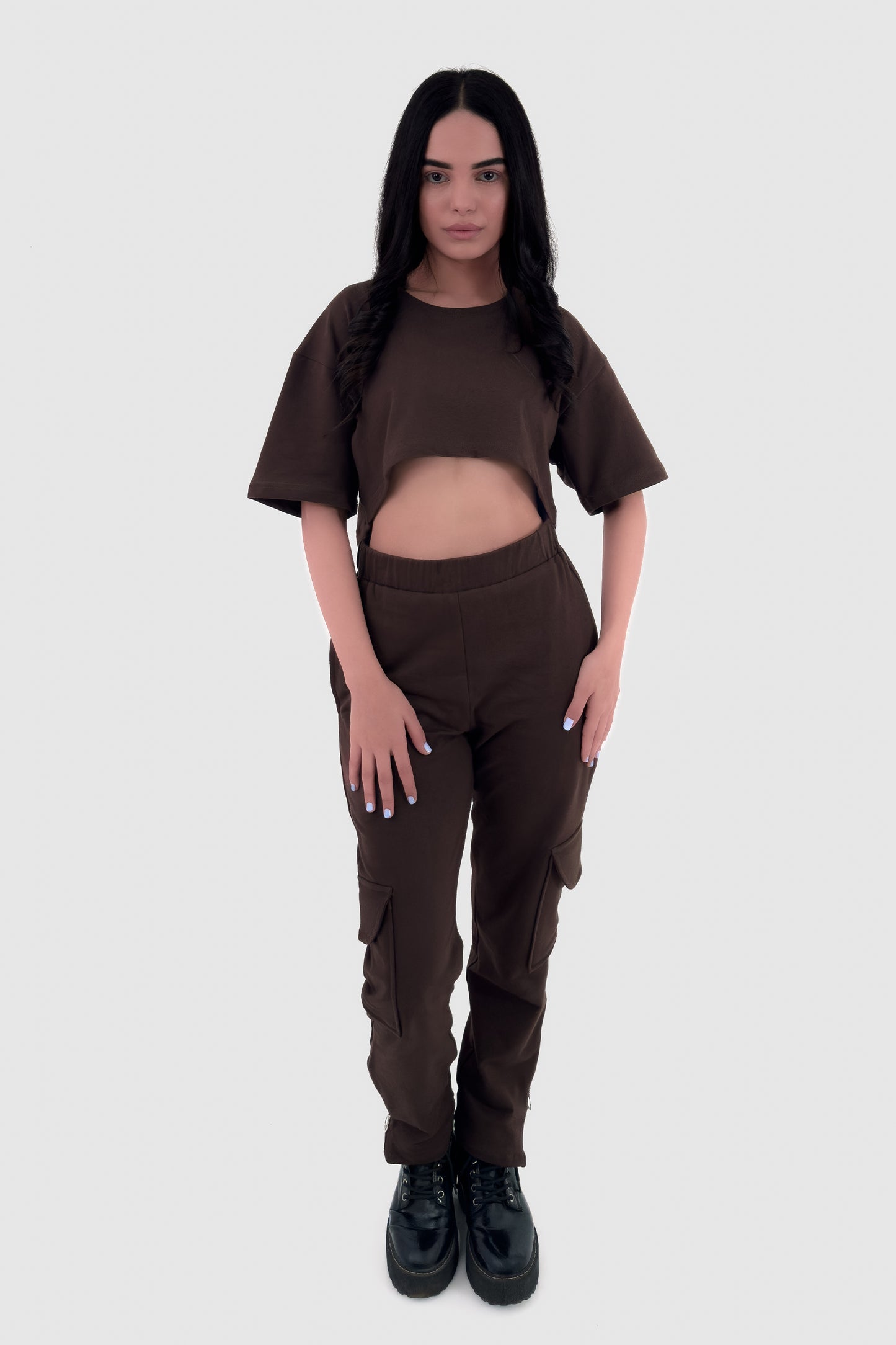 Oversized Crop Top Co-ord Set - Coffee - keos.life