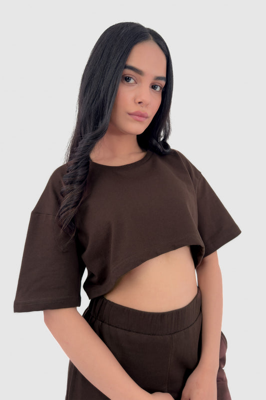 Oversized Crop Top Co-ord Set - Coffee - keos.life