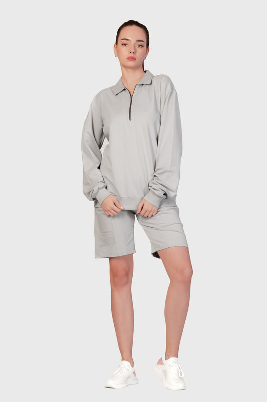 Zipper Sweatshirt Co-ord Set - Light Grey - keos.life