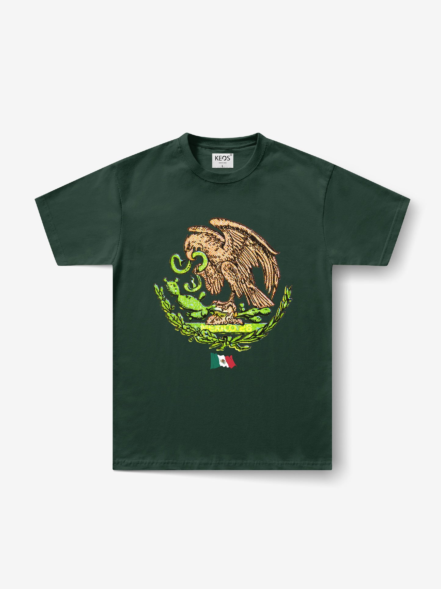 Green t-shirt with a graphic design with Mexico flag on a white background
