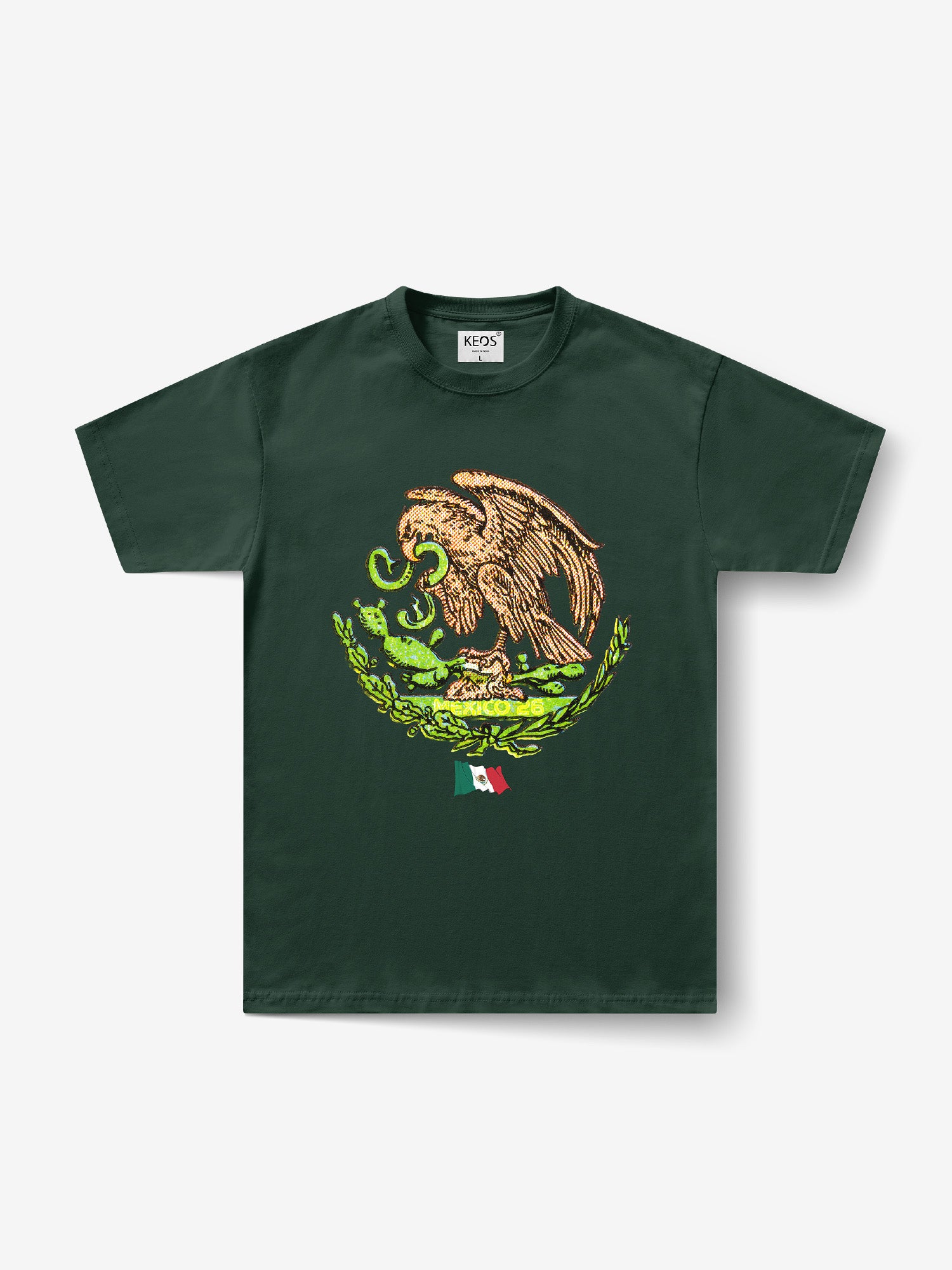 Green t-shirt with a graphic design with Mexico flag on a white background