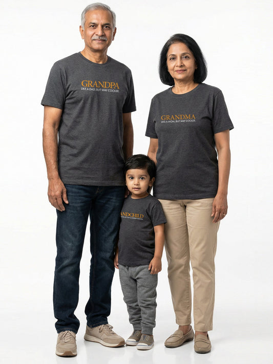 Family of three wearing matching 'GRANDPA' and 'GRANDMA' shirts on a white background