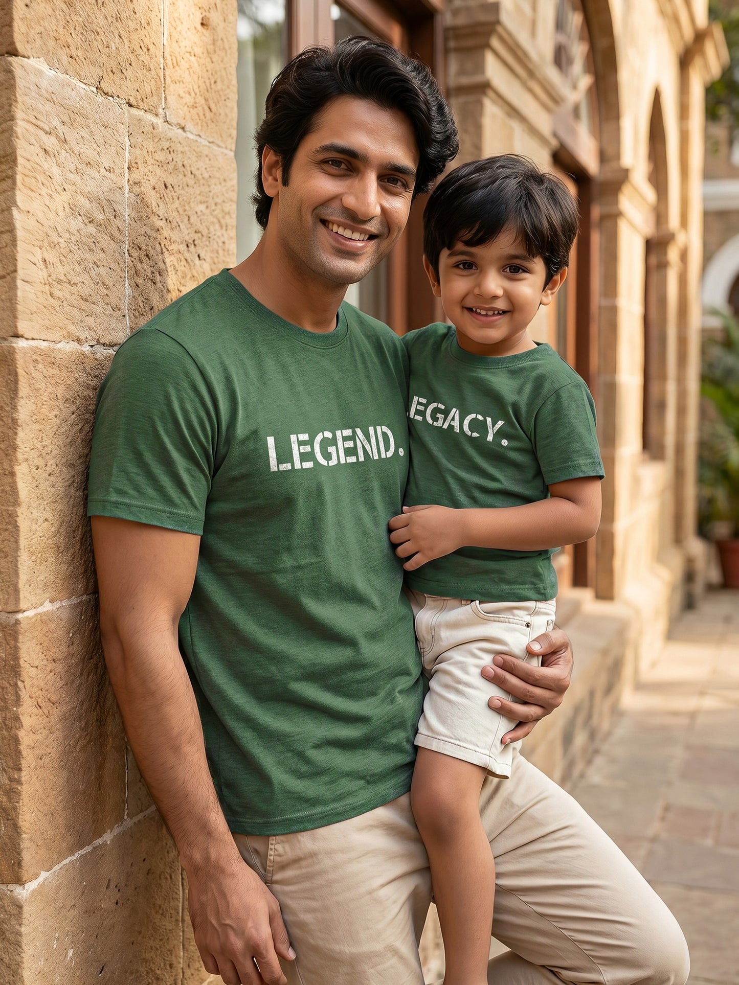 Matching shirts for father and son with 'LEGEND.' and 'LEGACY.'  text