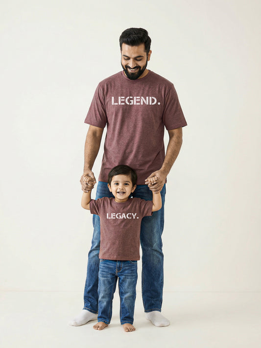 Matching shirts for father and son with 'LEGEND.' and 'LEGACY.'  text